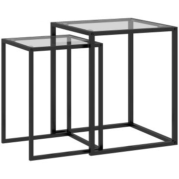 HOMCOM Set de 2 Masute care se Suprapun, Masute de Cafea Moderne care Economisesc Spatiul Patrate din Otel si Sticla Securizata, Negru | Aosom RO