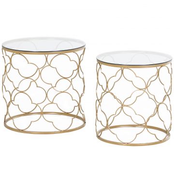HOMCOM Set de 2 Masute pentru Salon care se pot Stivui Art Deco, Masute de Cafea din Metal cu Blat din Sticla Securizata, Auriu | Aosom Romania