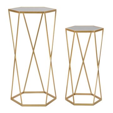 Set 2 masute inalte, Hexagon, Mauro Ferretti,  Ø50 x 100 cm/40 x 80 cm, fier/MDF/oglinda, auriu