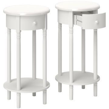 HOMCOM Set 2 Noptiere cu Sertar și Raft, Măsuțe de Cafea din Lemn în Stil Contemporan, Ø35,5x71 cm, Alb | Aosom Romania