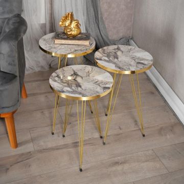 Mese laterale Wakmi set 3 piese marmură neagră melamină-metal negru