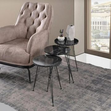 Mese laterale Wakmi set 3 piese marmura neagra - metal, negru, 33x33x55 cm