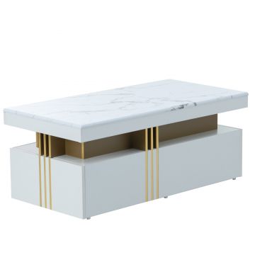 Măsuță de Cafea Modernă Dreptunghiulară cu Blat din PVC Efect Marmură și 2 Sertare din Lemn, 100x50x40 cm, Albă