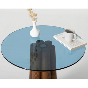 Masuta de cafea, Neostill, Thales Walnut, Albastru, 50x50x50 cm, Sticla temperata, Nuc / Albastru ieftina