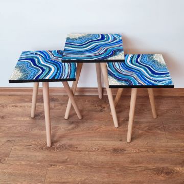 Set masute 3 piese, Leona, 3Shp290, Bleumarin / Albastru / Alb / Mov