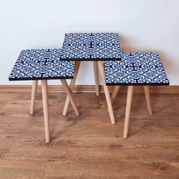 Set masute 3 piese, Leona, 3Shp31, Bleumarin / Alb / Albastru