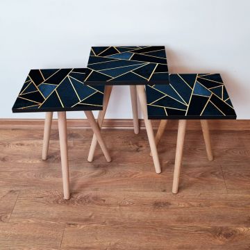 Set masute 3 piese, Leona, 3Shp321, Bleumarin / Negru / Auriu
