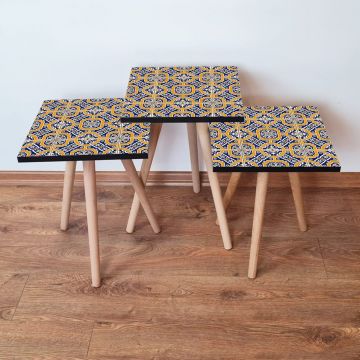 Set masute 3 piese, Leona, 3Shp35, Bleumarin / Portocaliu / Alb