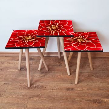Set masute 3 piese, Leona, 3Shp361, Roșu / Galben / Alb