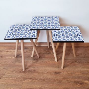 Set masute 3 piese, Leona, 3Shp37, Bleumarin / Albastru / Alb