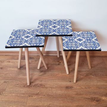 Set masute 3 piese, Leona, 3Shp41, Bleumarin / Albastru / Alb