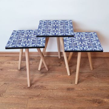 Set masute 3 piese, Leona, 3Shp42, Bleumarin / Albastru / Alb