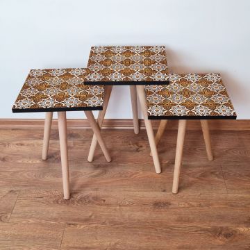 Set masute 3 piese, Leona, 3Shp52, Portocaliu / Alb / Negru