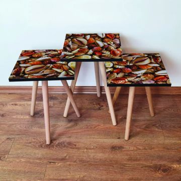 Set masute 3 piese, Leona, 3Shp63, Portocaliu / Crem / Roșu