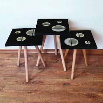 Set masute 3 piese, Leona, 3Shp65, Negru / Gri / Bej