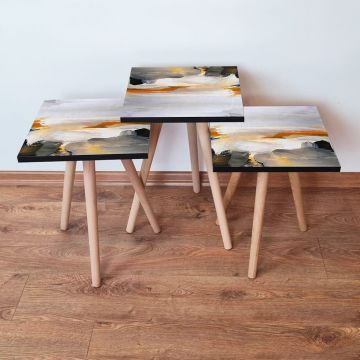 Set masute 3 piese, Leona, 3Shp96, Negru / Alb / Portocaliu