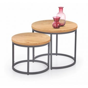 Set 2 măsuțe cafea Oreo, rotunde, PAL melaminat, 53x45 cm, stejar auriu