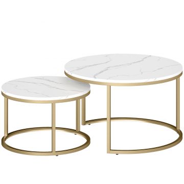 HOMCOM Set de 2 mese de cafea gigogne stivuabile design industrial blat cu aspect ciment picioare din metal alb | Aosom Romania