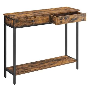 Masa consola pentru hol cu 2 sertare, stil industrial, PAL si cadru metalic, 100x30x80 cm, maro rustic