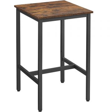 Masa de bar pentru bucatarie, patrata, inalta, cadru de otel, 60x60x92cm, stil industrial, maro rustic si negru