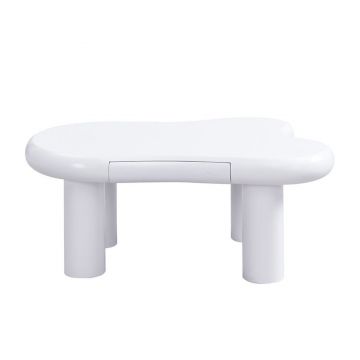 Masă de cafea în formă de nor, din MDF cu iluminare LED și sertar, 98x65,5x40 cm, Alb