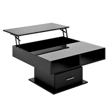 Masă de cafea multifuncțională, cu finisaj lucios și lift, cu iluminare LED, reglabilă pe înălțime și cu spațiu de depozitare flexibil, 78x78x45,5 cm, Negru