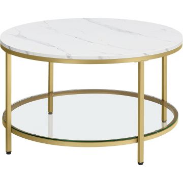 Masa de cafea rotunda cu blat din imitatie de marmura, polita suplimentara din sticla, 80x45cm, alb si auriu