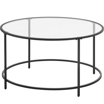 Masa de cafea rotunda, din sticla securizata cu cadru metalic, 84x84x45cm, negru
