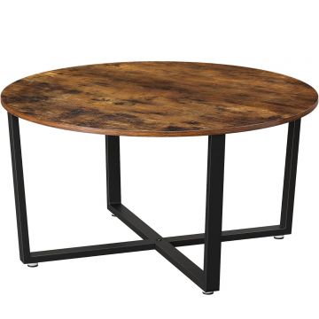Masa de cafea rotunda, stil industrial, cadru metalic si blat lemn, 88x88x47cm, maro rustic si negru