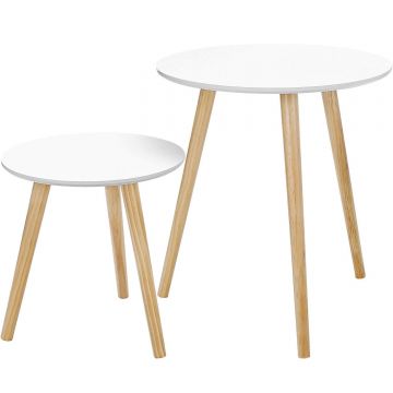 Masa de cafea, set de 2 bucati, picioare din lemn si blat MDF, design minimalist scandinav, 45x50cm si 35x35cm, alb