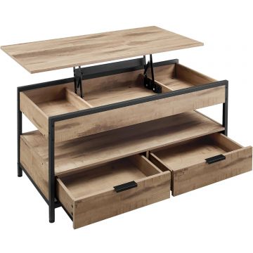 Masuta de cafea cu blat rabatabil 100x50 cm, 5 compartimente, stil industrial, PAL si otel, maro-negru