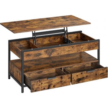 Masuta de cafea cu blat reglabil pe inaltime, cu sertare si spatii de depozitare, stil industrial, 100x50x63 cm, maro vintage