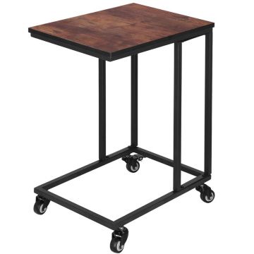 Masuta de cafea, cu cadru de otel si roti, industrial, 35x50x66 cm, maro wenge