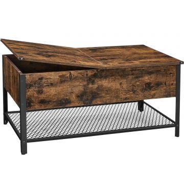Masuta de cafea cu capac rabatabil, compartiment depozitare ascuns si raft plasa, industrial, 100x55x47cm, maro rustic si negru
