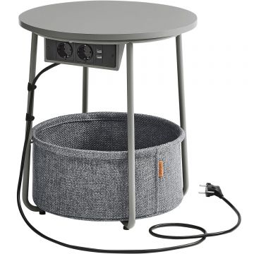 Masuta de cafea rotunda cu cos de stofa, statie de incarcare 2 prize si 2 USB, 45x50cm, gri argintiu