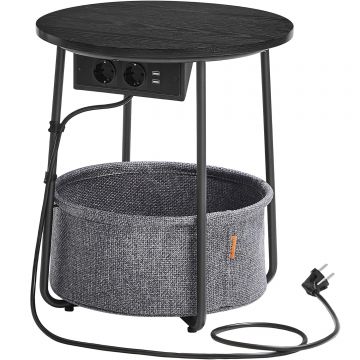 Masuta de cafea rotunda cu cos de stofa, statie de incarcare 2 prize si 2 USB, 45x50cm, negru