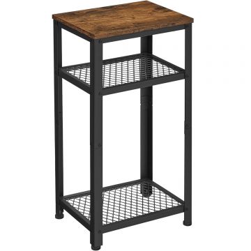 Masuta laterala 40x30x75 cm, cu 2 rafturi grilaj si blat, otel si PAL, maro rustic si negru
