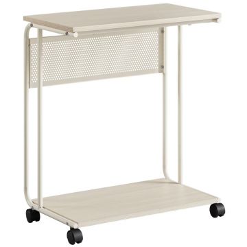 Masuta laterala laptop pe roti, 55x33x66 cm, stil industrial, crem