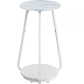 Masuta rotunda tip noptiera, blat din sticla si raft inferior din PAL, cadru metalic, 30x30x55 cm, alb