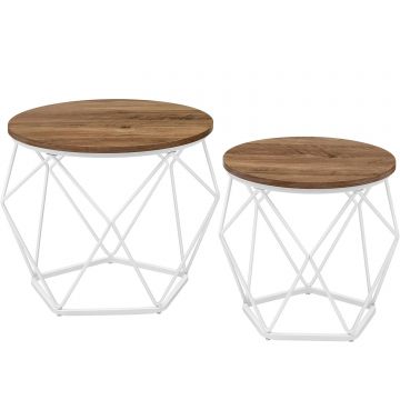 Set de 2 mese de cafea rotunde, cadru otel si blat detasabil, 40cm si 50cm, alb si maro