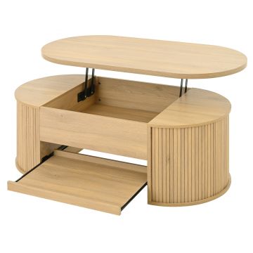 Masă de cafea cu înălțime reglabilă, cu raft extensibil și blat reglabil, masă de cafea cu părți laterale din lemn curbate, 110x55,5x40 cm, Culoare naturală