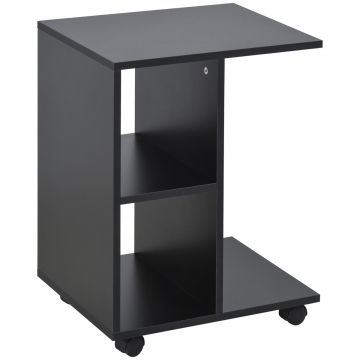 Masa laterala in forma de C cu 2 rafturi deschise si 4 roti pivotante, PAL, 45x35x58cm, negru