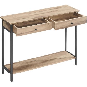Masa tip consola cu 2 sertare, blat aspect lemn si cadru metalic, stil industrial, 100x30x80 cm, maro camel
