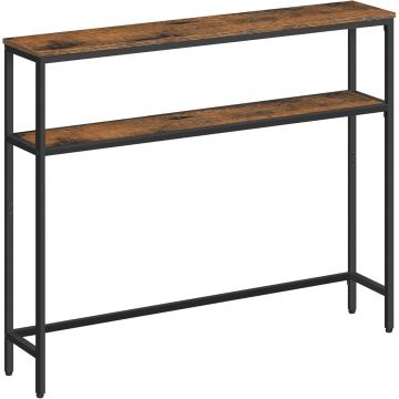 Masa tip consola ingusta cu 2 rafturi, cadru metalic, stil industrial, 100x20x80 cm, maro rustic