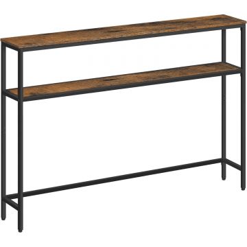 Masa tip consola ingusta cu 2 rafturi, cadru metalic, stil industrial, 120x20x80 cm, maro rustic
