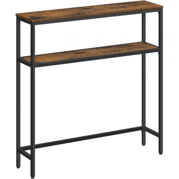 Masa tip consola ingusta cu 2 rafturi, cadru metalic, stil industrial, 80x20x80 cm, maro rustic