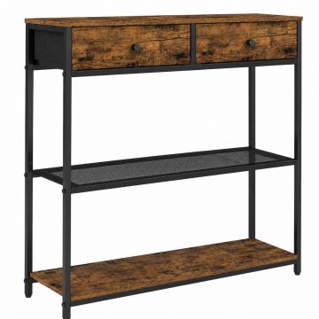 Masa tip consola ingusta cu 2 sertare textile si 3 niveluri, cadru metalic, stil industrial, 76x24x80 cm, maro rustic