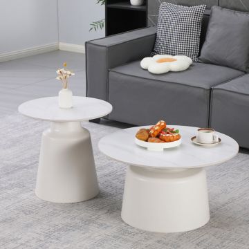 Măsuțe de cafea set 2 piese Dualis, Metal și Piatră Sintetică, Finisaj Marmură, Albă, 70x70x38 cm