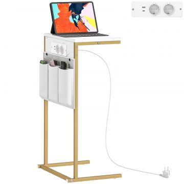 Masuta de Cafea in Forma de C cu Efect de Marmura, cu Prize si Porturi USB Integrate, Alb