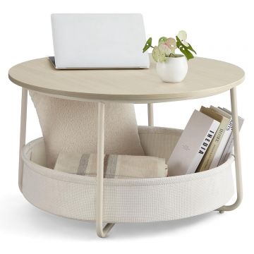 Masuta de cafea rotunda cu cos de stofa, stil modern, 45x75cm, bej cu crem